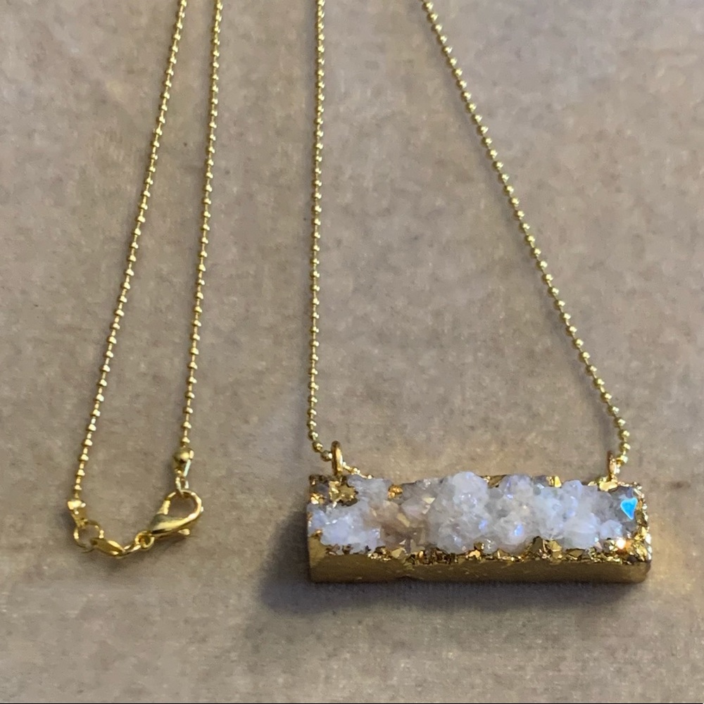 White Druzy Titanium Coated Bar & Gold Necklace